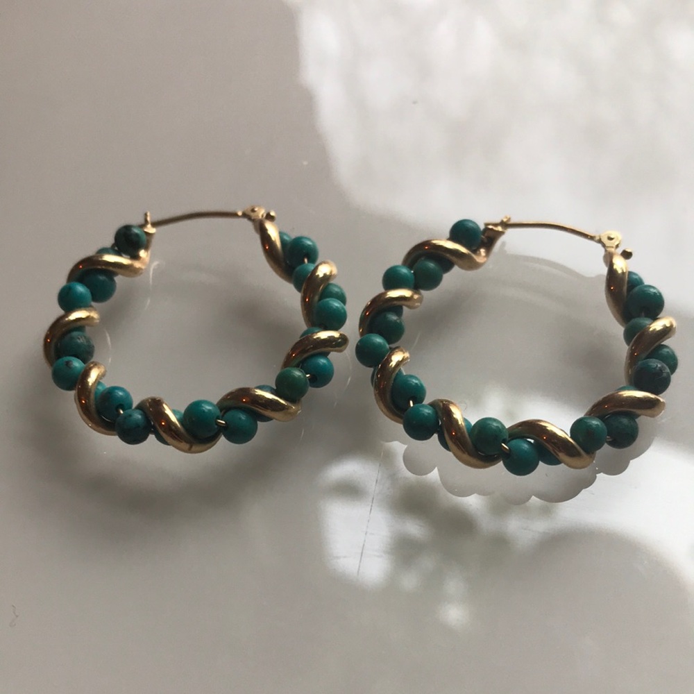14k gold turquoise hoop earrings.
